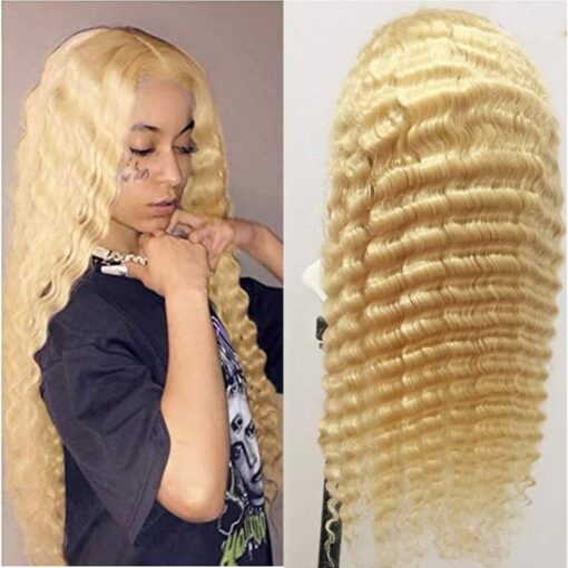 613 Closure Wig Deep Wave Human Hair Blonde 4X4 MI1604046