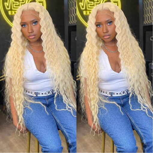 613 Deep Wave Blonde Lace Front Wig Human Hair,28 Inch 180% Density 613 13X4 Hd Blonde Curly Lace Front Wigs Human Hair Pre Plucked,Transparent 613 MI1611001