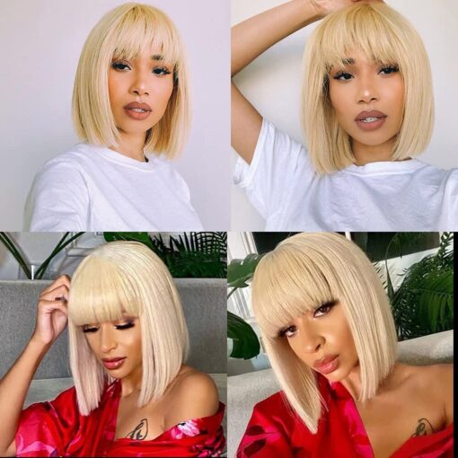 8 Inch Light Blonde Bob Wigs With Bangs Real Human Hair Wigs Blonde Hair Wigs MI1602725