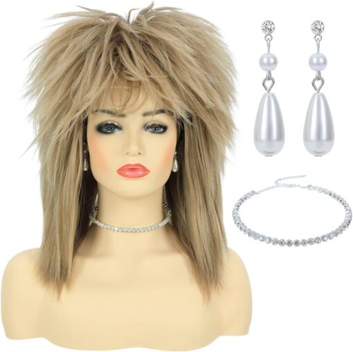 80S Tina Rock Diva Costume Wig With Necklace And Earring For Women Women Big Hair Blonde 70S 80S Rocker Mullet Wigs Glam Punk Rock Rockstar Cosplay Wig For Women MI1605893