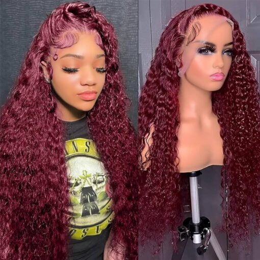 99J Burgundy Water Wave Lace Front Wigs Human Hair 13X4 180% Density Transparent Lace Frontal Wigs Curly Wigs For Women Women Red Deep Wigs Pre Plucked With MI1610832