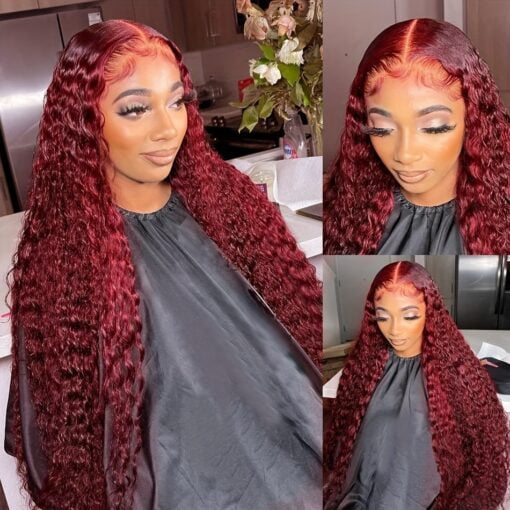 99J Red Curly Lace Front Wig 99J Burgundy Deep Wave Human MI1602828