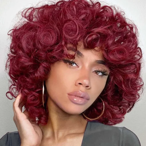 99J Red Curly Wig Short Fluffy Wavy Synthetic Hair Loose MI1610250