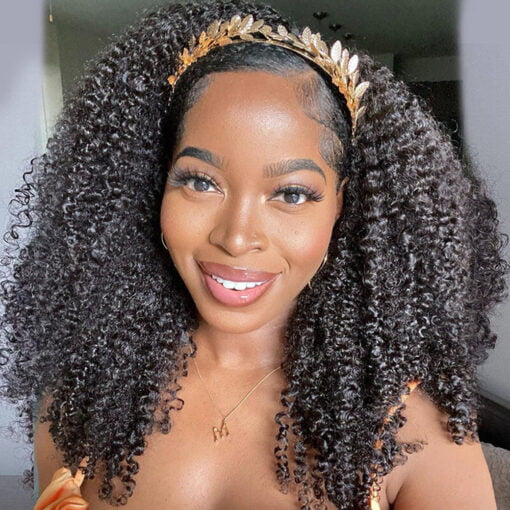 Afro Kinky Curly Human Hair Headband Wig For Women Black Women 180% Density Glueless Brazilian Remy Full Machine Made Hair Half Wig MI1603969