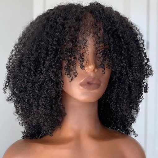 Afro Kinky Curly Human Hair Wig With Bangs Full Machine Made Scalp Top Wig Glueless Virgin Brazilian Afro Curly Wigs For Women Black Women 200 Density MI1602843