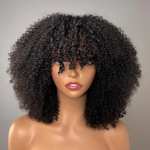 Afro Kinky Curly Wigs With Bangs 200% Density Brazilian Remy Human Hair Full Machine Made Wigs Short Afro Curly Wigs For Women Women MI1603290