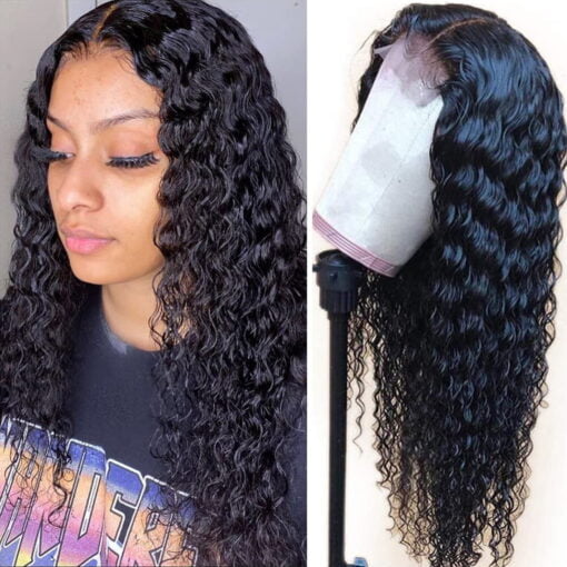 Afrodiva Deep Wave Lace Front Wigs Human Hair 4X4 Lace Closure Wigs For Women Black Women 24Inch Brazilian Human Hair Wigs 150% Density Natural Color MI1603845