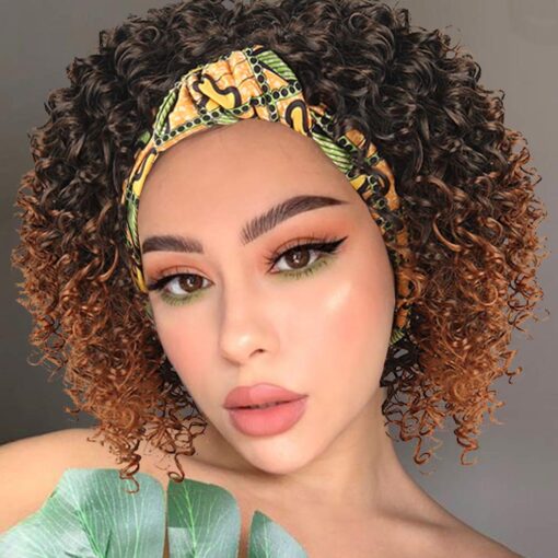 Aisaide Afro Kinky Curly Wig Headband Wigs For Women Black Women,Short Ombre Brown Wig With Headband Attached Natural Full Afro Wig Headwrap Wigs 2 In 1 MI1604557