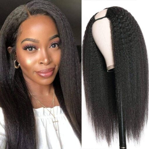 Aisaide Kinky Straight U Part Wigs For Women Black Women, Synthetic Short Yaki Straight Curly Black Wigs For Women Natural Hair, Full Head U Shape Wig Clip In MI1605126