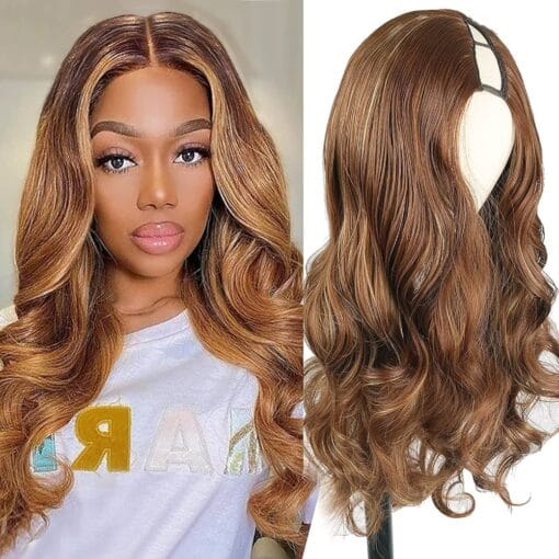 Aisaide Ombre Honey Blonde V Part Wig Body Wave Half Wigs For Women Women Long Body Wavy Upgrade Synthetic Highlight Ombre Brown V Part Wig No Sew Glueless MI1612080