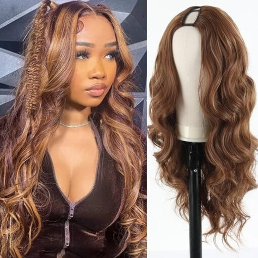 Aisaide V Part Body Wave Wig For Women Women Ombre Highlight Honey Blonde Long Body Wavy Glueless No Leave Out Upgrade Vpart Ombre Wig Brown Blonde V Part MI1612081