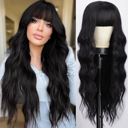 Aisi Queens Black Wig With Bangs, Long Black Wavy Wigs For Women Women Synthetic Wigs Natural Black Curly Hair Wig For Women Girls Daily Party Use MI1611801