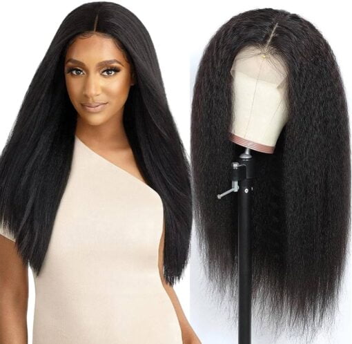 Aminow Kinky Straight Synthetic Lace Front Wig, Soft & Natural As Human Hair, Pre Plucked T Part Wig, Italian Yaki Lace Front Wigs For Women Black Women 22 MI1605129