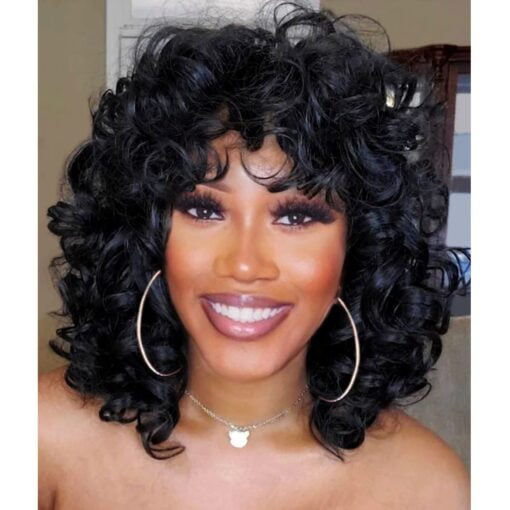 Andromeda Curly Wigs For Women Black Women Soft Short Curly Wig With Bangs Afro Loose Curls Heat Resistant Synthetic Wig For Women African American Women (Black) MI1603476