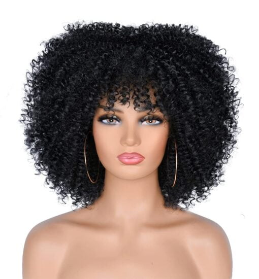 Annisoul 10Inch Short Curly Afro Wigs For Women Black Women Bomb Afro Kinky Curly Wig With Bangs Synthetic Fiber Full Wig(Black) MI1603289