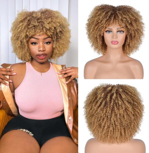 Annisoul 10Inch Short Curly Afro Wigs For Women Black Women Bomb Afro Kinky Curly Wig With Bangs Synthetic Fiber Full Wig(Ombre Blonde) MI1605235