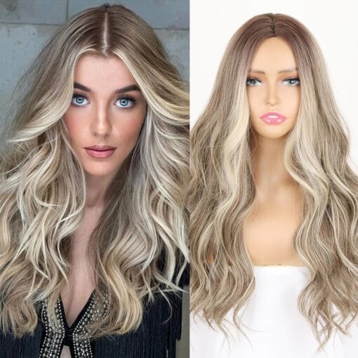 Ash Blonde Ombre Platinum Wig Dirty Blond Silver Grey Long Wavy Wig Middle Part Glueless Highlight Blond Brown Wigs For Women Women,Dark Roots Synthetic MI1611624