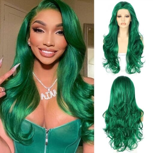 Babehers Dark Green Lace Front Wigs 13X3 Synthetic Lace Front Wig Loose Curly Wigs For Women Women 24 Inch Long Wavy Synthetic Lace Front Wig Wave Heat MI1609281