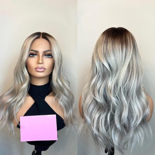 Balayage White Silver Blonde Full Lace Wigs Dark Brown Roots Glueless Ombre Human Hair Wigs 180% Loose Wave Lace Front Wig Hd MI1611622