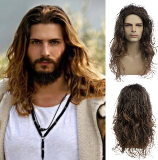 Baruisi Long Curly Wavy Brown Wigs For Women Men Synthetic Natural Party Halloween Cosplay Hair Wig MI1602590