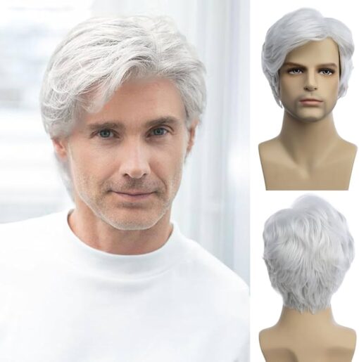 Baruisi Men Wigs Short White Wig Synthetic Heat Resistant Natural Halloween Cosplay Hair Wig MI1610748