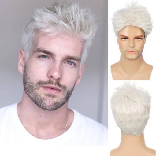 Baruisi Mens Wig Cream White Short Layered Cosplay Hair Wig Synthetic Full Wigs With Wig Cap MI1610750