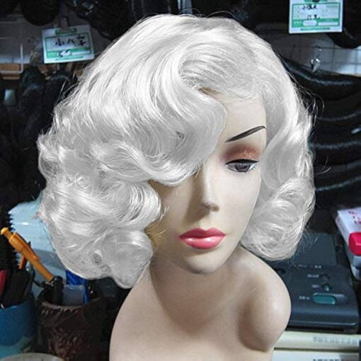 Baruisi Short Curly White Wig For Women Women Synthetic Natural Wavy Costume Wig For Women Cosplay Party MI1604080