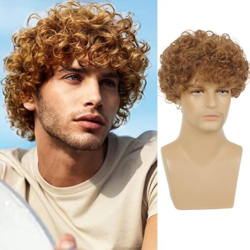 Baruisi Short Mens Curly Wig Light Brown Synthetic Halloween Cosplay Costume Hair Wig For Women Male MI1610605