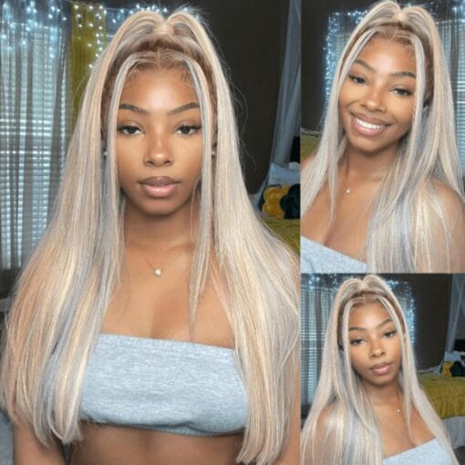 Beauty For Womenever Wear And Go Glueless Honey Blonde With Silver Highlights 6X4.75 Lace Wig Straight Human Hair Wigs, 613 Blonde Mix Grey Color Pre Cut MI1611625