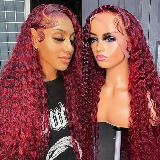 Beautygrace Red Deep Wave Lace Front Wigs Human Hair 180% Density 13X4 99J Burgundy Human Hair Lace Front Wigs For Women Fashion Black Women (26 Inch) MI1604483