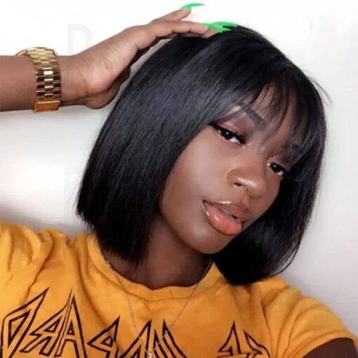 Besteffie Short Bob Wigs With Bangs Human Hair Wigs For Women Black Women Straight Wigs 100% Brazilian Virgin Hair Glueless Machine Made Wig Natural Color MI1606281