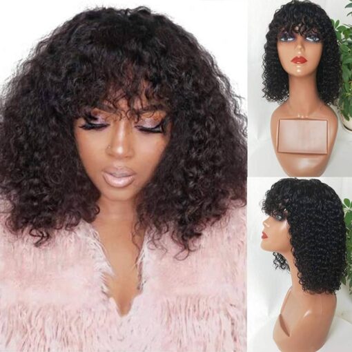 Bestsojoy Short Curly Bob Wigs With Bangs 10Inch None Lace Front Human Hair Wigs With Baby Hair For Women Black Women 150% Density Brazilian Virgin Afro MI1605234