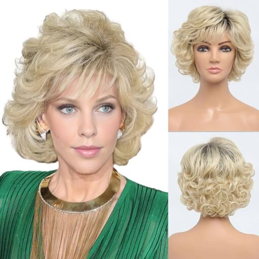 Bestung Short Blonde Curly Wigs For Women Old Lady Layered Curly Wig With Bangs Wavy Blonde Wig With Dark Roots Natural Synthetic Hair For Women Daily Party MI1602884