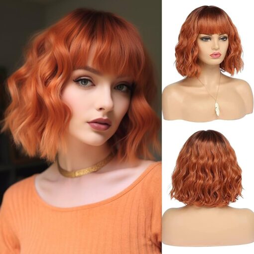 Bestung Short Copper Red Wigs For Women Women Fox Red Wig Ombre Red Dark Root Culy Bob Wigs With Bangs Ginger Hair Wig Wavy Synthetic Wigs(12Inches) MI1610619