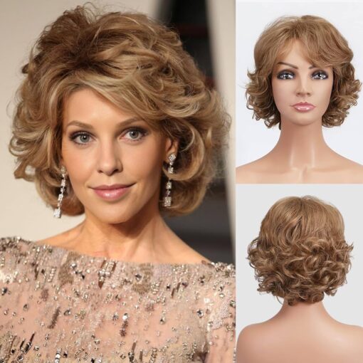 Bestung Short Curly Light Brown Wigs For Women Old Lady Layered Curly Wig With Bangs Wavy Brown Wig With Dark Roots Natural Synthetic Hair For Women Daily Party MI1611103