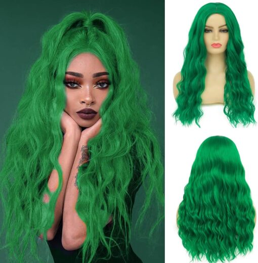 Beweig Long Curly Wavy Green Wig For Women Women Middle Part Costume Cosplay Wig Synthetic Hair Replacement Wig MI1610774