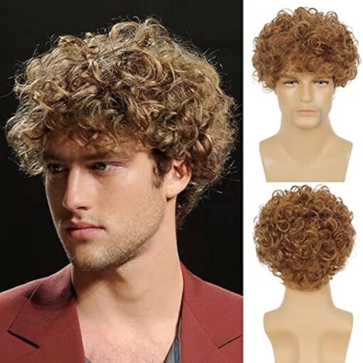 Beweig Mens Short Curly Light Brown Wig With Bang Synthetic Cosplay Halloween Costume Party Natural Hair Wig MI1610604