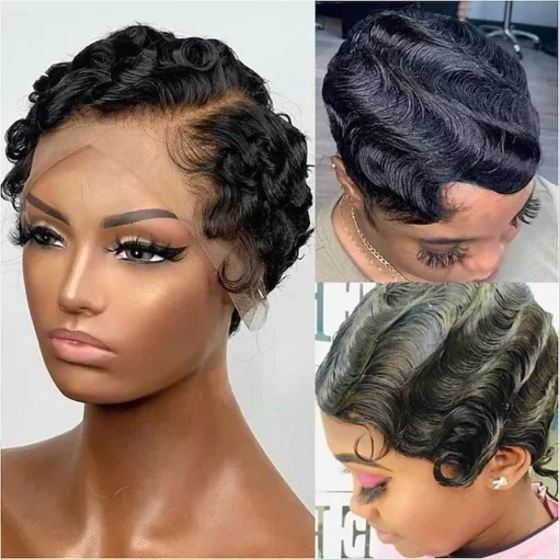 Black Finger Wave Human Hair Lace Front Wigs L Part Lace For Women MI1604867