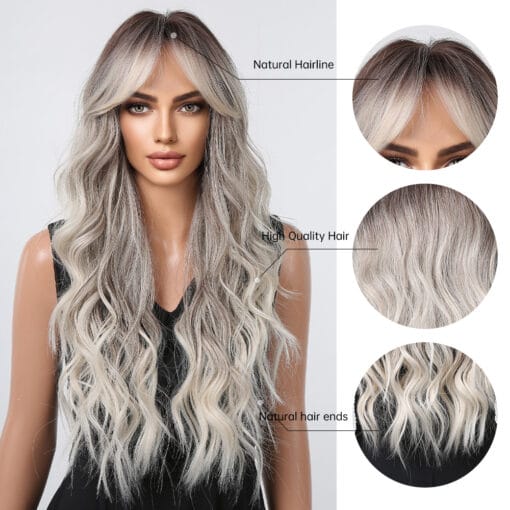 Black Ombre Blonde Platinum Wave Synthetic Wigs Long Grey MI1611781