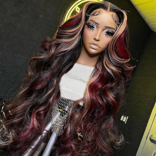 Black Red Blonde Highlight Wig Human Hair 13X4 Transparent Lace Front Human Hair Wigs Pre Plucked With Baby Hair 180% Density Blonde Red Highlights MI1611365