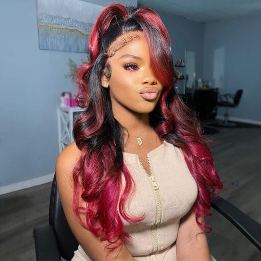 Black Roots Burgundy 99J Body Wave Human Hair Lace Front MI1611246