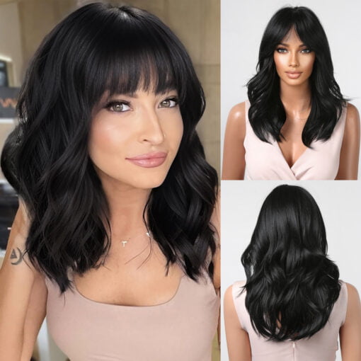 Black Wavy Synthetic Wigs Medium Length Natural Wave Wigs With Bangs For Women Women Afro Daily Party Use Wig Heat Resistant Fiber MI1611056