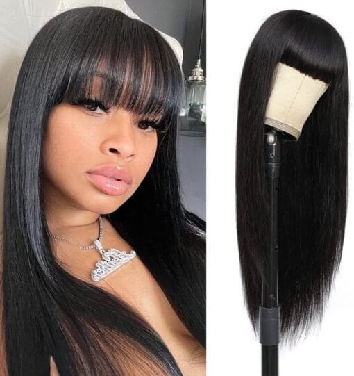 Black Wig With Bangs 18 Inch Silky Straight Human Hair Wigs 150% Density Glueless Machine Made None Lace Front Wigs Natural Color Human Hair Wigs For Women MI1611809