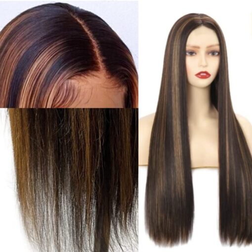 Black Wig With Brown Highlights Long Straight MI1604005