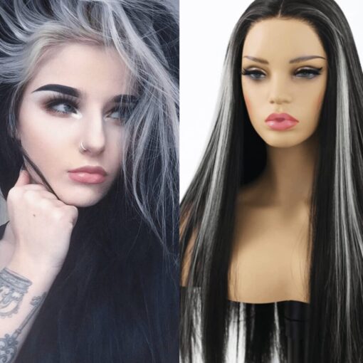 Black Wig With White Highlights Wig Long Straight With 100 MI1604015