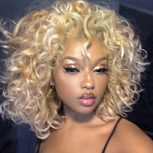 Blonde #613 Curly Bob 13X4 Lace Front 4X4 Lace Closure Human MI1605989