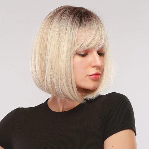 Blonde Blonde Straight Bobs Wig With Dark Brown Roots And MI1610292