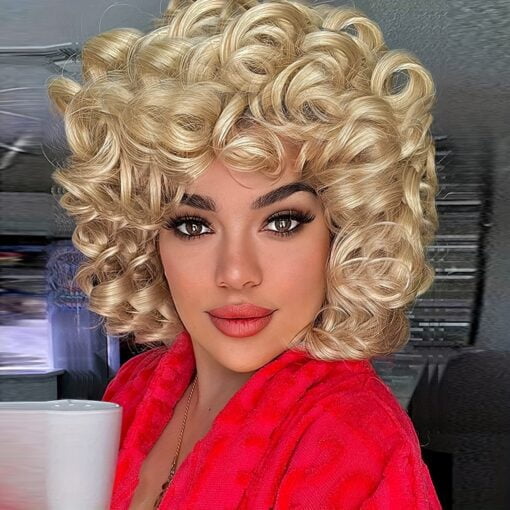 Blonde Bouncy Curly Wigs For Women Women Short Blonde Wigs For Women Women 12Inch Big Curly Afro Soft Wig With Bangs Heat Resistant Natural Cute Synthetic Wigs MI1605995