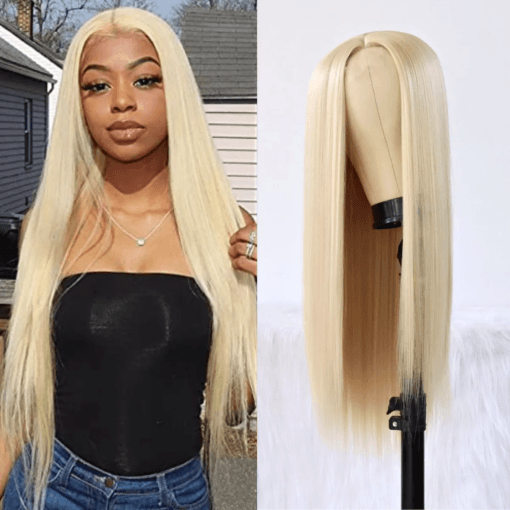 Blonde Hair Lace Wig Long Straight Blonde Wig Natural Hair Heat Resistant Fiber Hair Synthetic Wigs For Women Fashion Women 22 Inch MI1611533