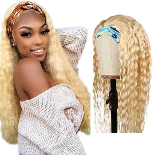 Blonde Headband Wig Deep Wave Human Hair Headband Wig Blonde None Lace Front Deep Wave Wigs For Women Black Women Brazilian Remy Hair Machine Made Headband MI1611968